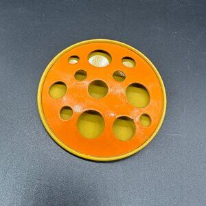 Vintage Brooch Pin 1960s Atomic Moon  Orange Yellow Cut Out Dots Metal Enamel